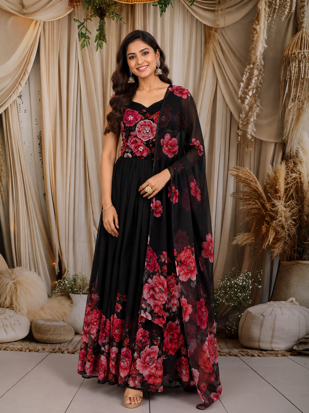 Classic Black Floral Printed Design Chiffon Anarkali Gown with Dupatta
